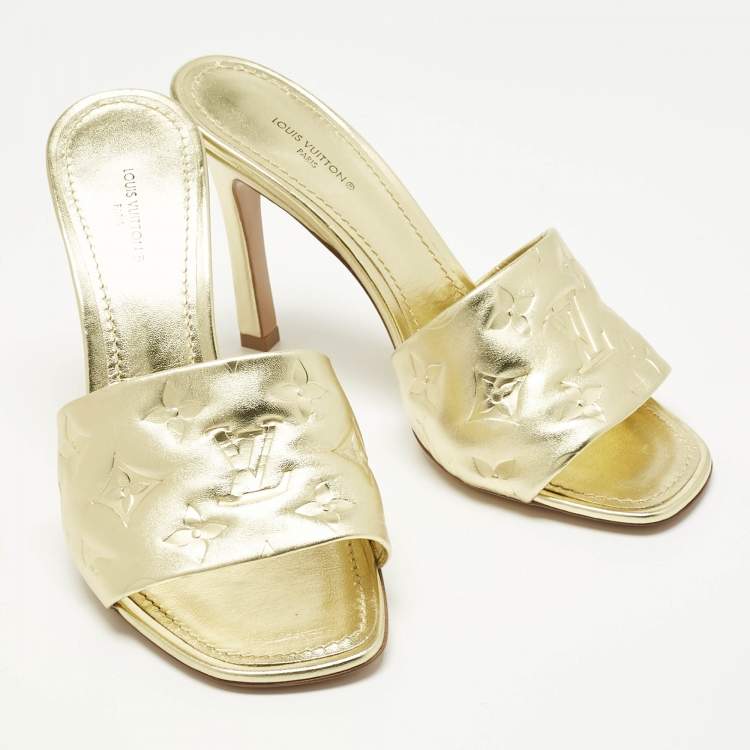 Pre Owned Louis Vuitton Gold Monogram Embossed Leather Revival Slide Sandals Size 38