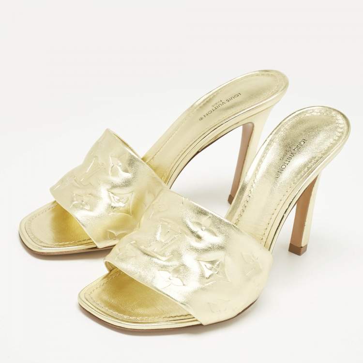 Pre Owned Louis Vuitton Gold Monogram Embossed Leather Revival Slide Sandals Size 38
