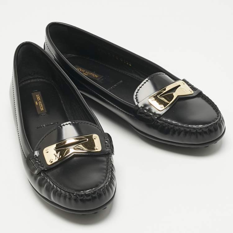 Pre Owned Louis Vuitton Black Brushed Leather Penny Loafers Size 37.5