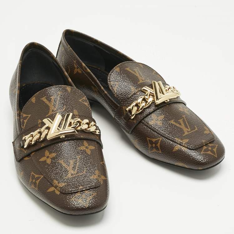 Pre Owned Louis Vuitton Brown Monogram Coated Canvas Upper Case Loafers Size 38