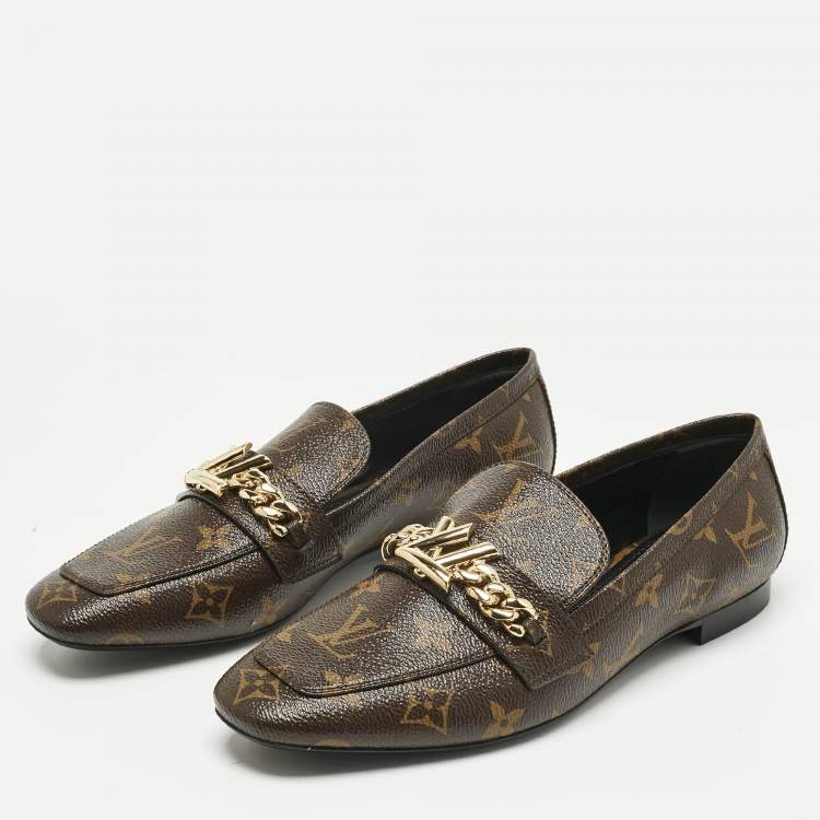 Pre Owned Louis Vuitton Brown Monogram Coated Canvas Upper Case Loafers Size 38