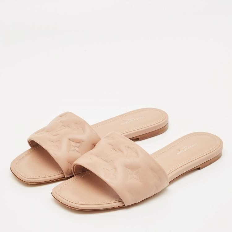 Pre Owned Louis Vuitton Revival Size 38.5 Pink Monogram Leather Flat Slide