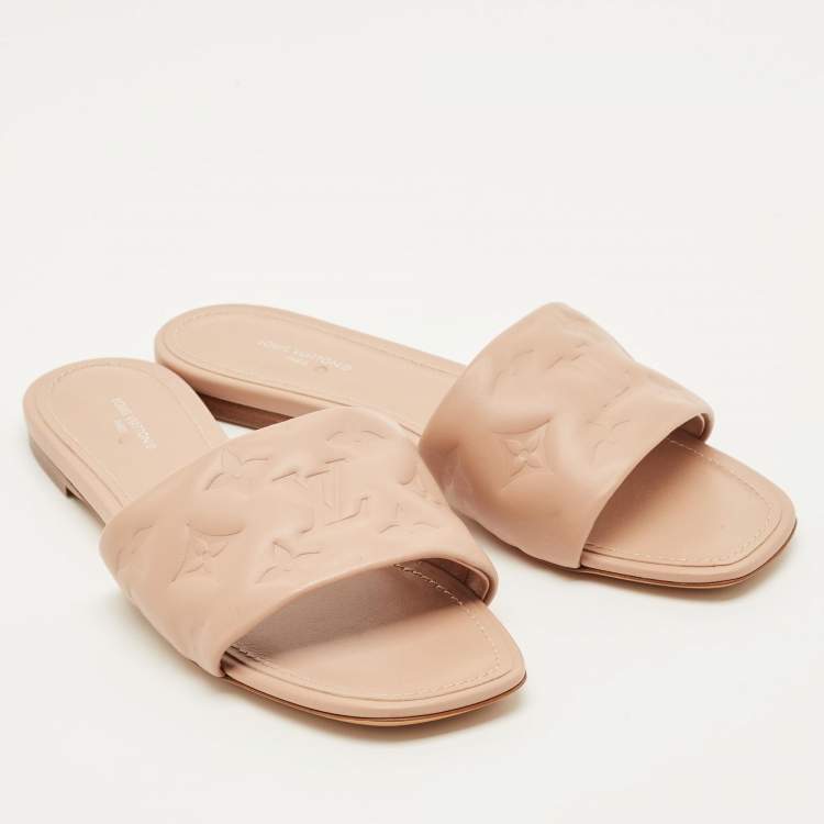 Pre Owned Louis Vuitton Revival Size 38.5 Pink Monogram Leather Flat Slide