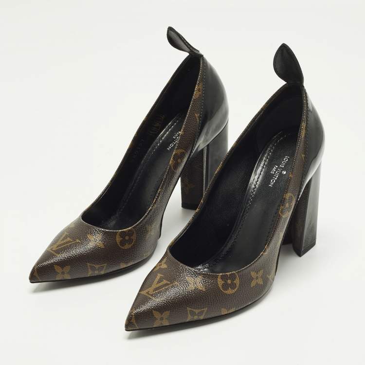 Pre Owned Louis Vuitton Size 38 Brown Monogram Coated Canvas and Leather Block Heel Pumps