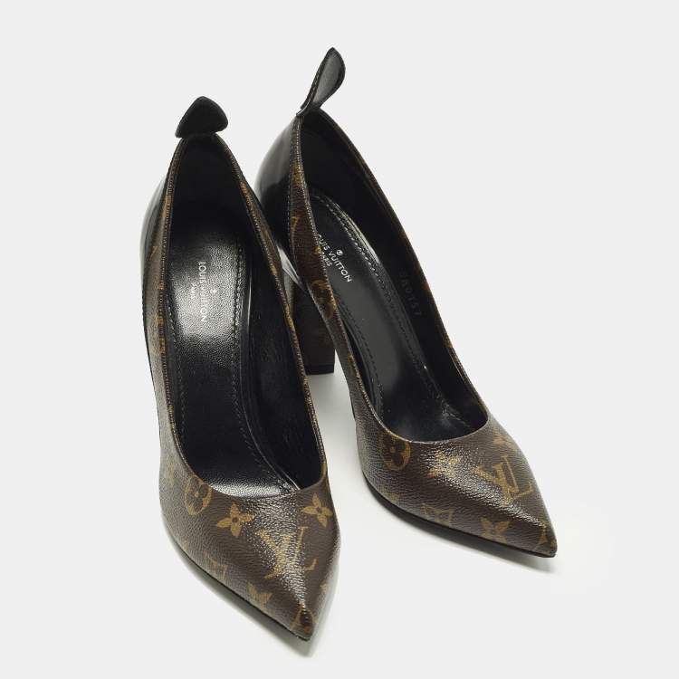 Pre Owned Louis Vuitton Size 38 Brown Monogram Coated Canvas and Leather Block Heel Pumps