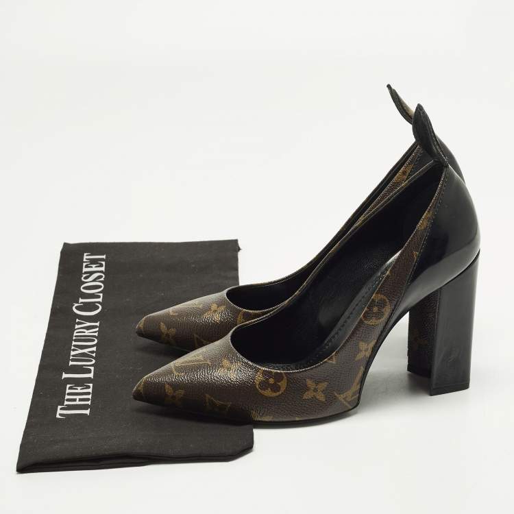 Pre Owned Louis Vuitton Size 38 Brown Monogram Coated Canvas and Leather Block Heel Pumps