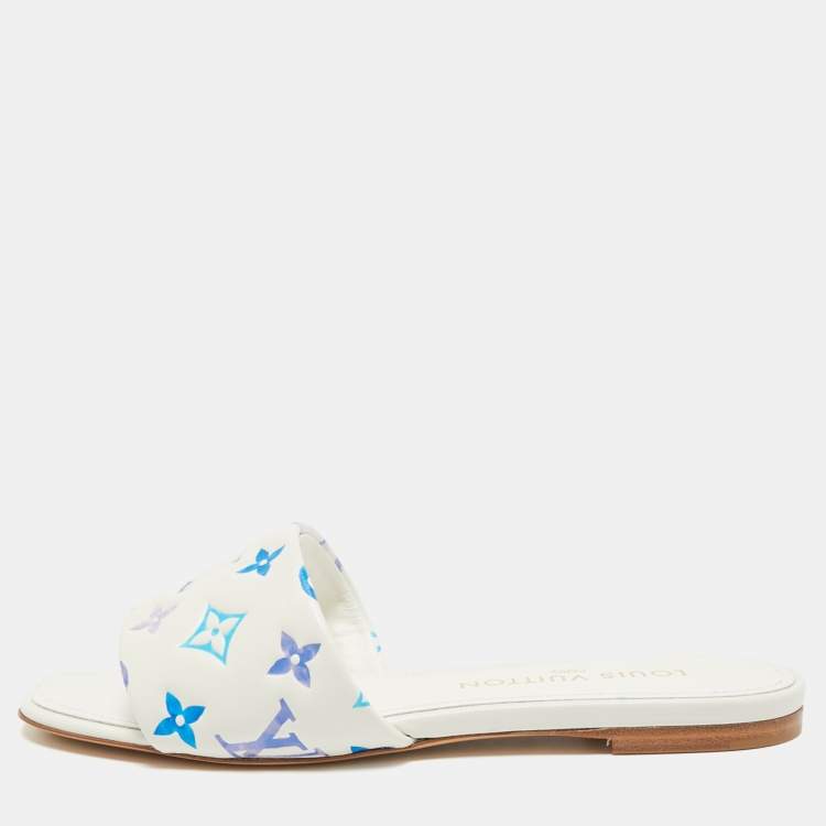 مملوكة مسبقًا Louis Vuitton Revival Size 39 White/Blue Monogram Leather Flat Slide