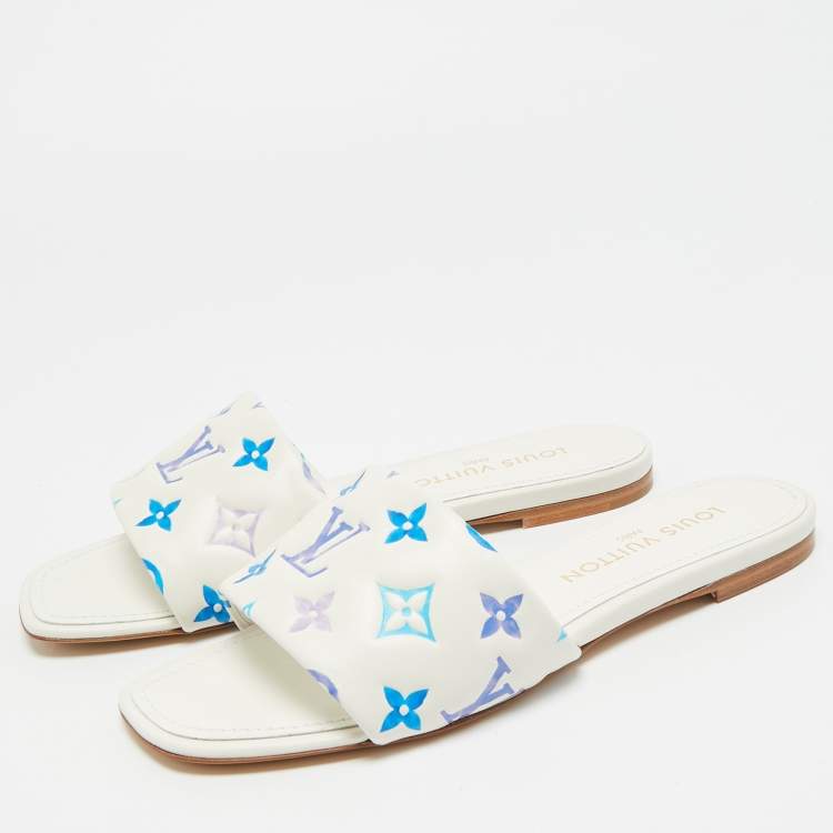 مملوكة مسبقًا Louis Vuitton Revival Size 39 White/Blue Monogram Leather Flat Slide