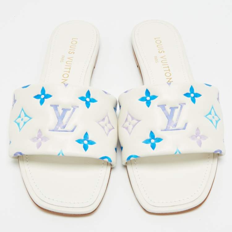 مملوكة مسبقًا Louis Vuitton Revival Size 39 White/Blue Monogram Leather Flat Slide