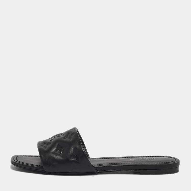 Pre Owned Louis Vuitton Revival Size 38 Black Monogram Leather Flat Slide