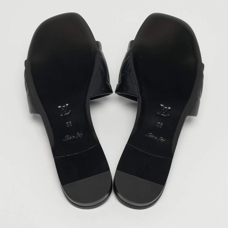 Pre Owned Louis Vuitton Revival Size 38 Black Monogram Leather Flat Slide