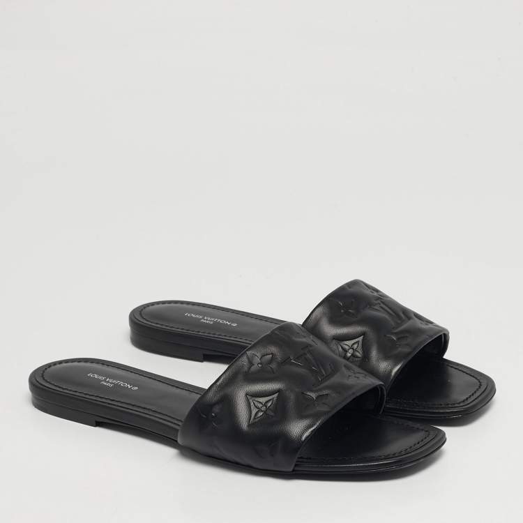 Pre Owned Louis Vuitton Revival Size 38 Black Monogram Leather Flat Slide