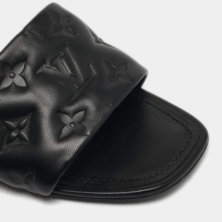 Pre Owned Louis Vuitton Revival Size 38 Black Monogram Leather Flat Slide