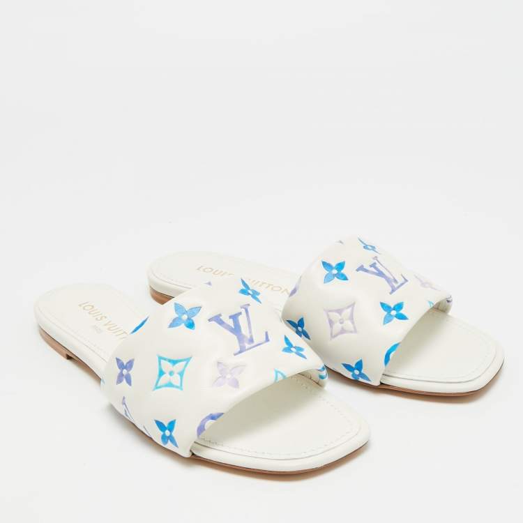 مملوكة مسبقًا Louis Vuitton Revival Size 38 White/Blue Monogram Leather Flat Slide