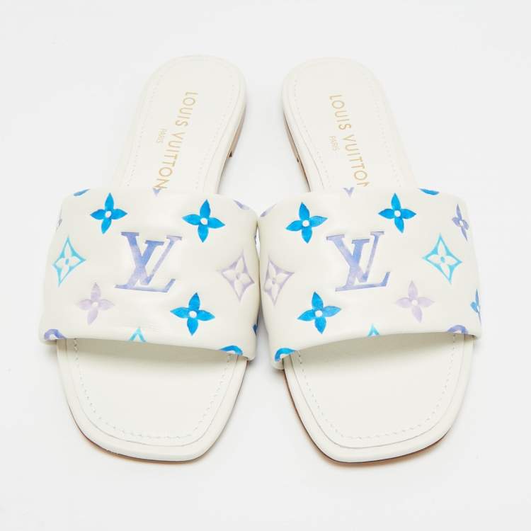 ممل وكة مسبقًا Louis Vuitton Revival Size 38 White/Blue Monogram Leather Flat Slide
