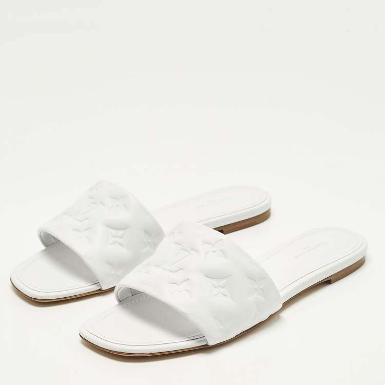 Pre Owned Louis Vuitton Revival Size 40 White Monogram Leather Flat Slide