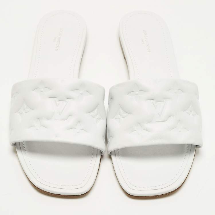 Pre Owned Louis Vuitton Revival Size 40 White Monogram Leather Flat Slide