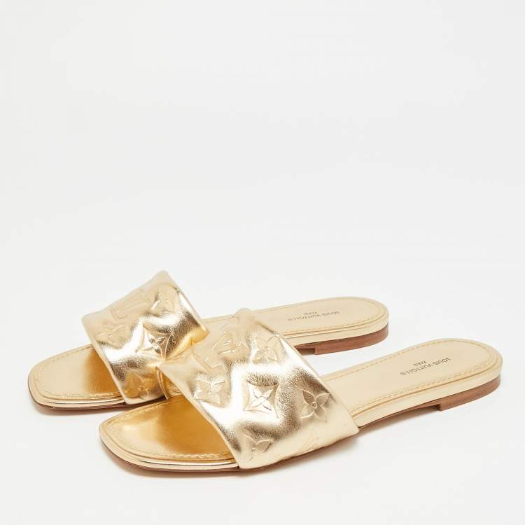 Pre Owned Louis Vuitton Revival Size 38 Gold Monogram Leather Flat Slide