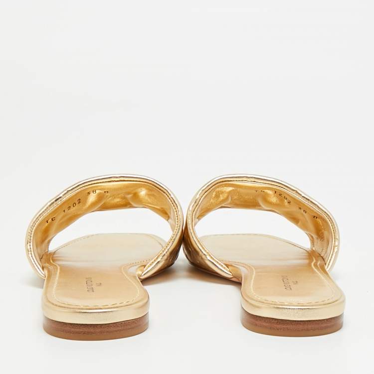 Pre Owned Louis Vuitton Revival Size 38 Gold Monogram Leather Flat Slide