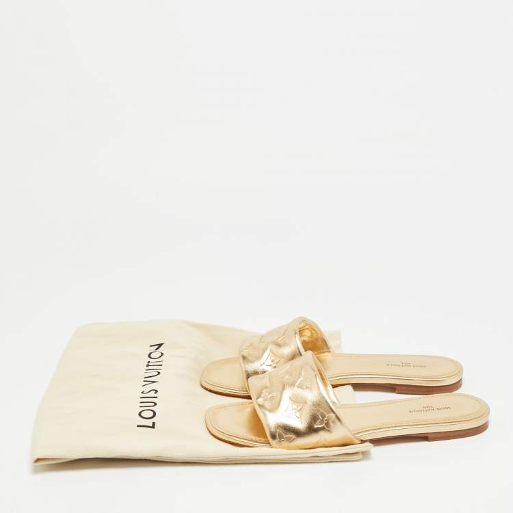 Pre Owned Louis Vuitton Revival Size 38 Gold Monogram Leather Flat Slide