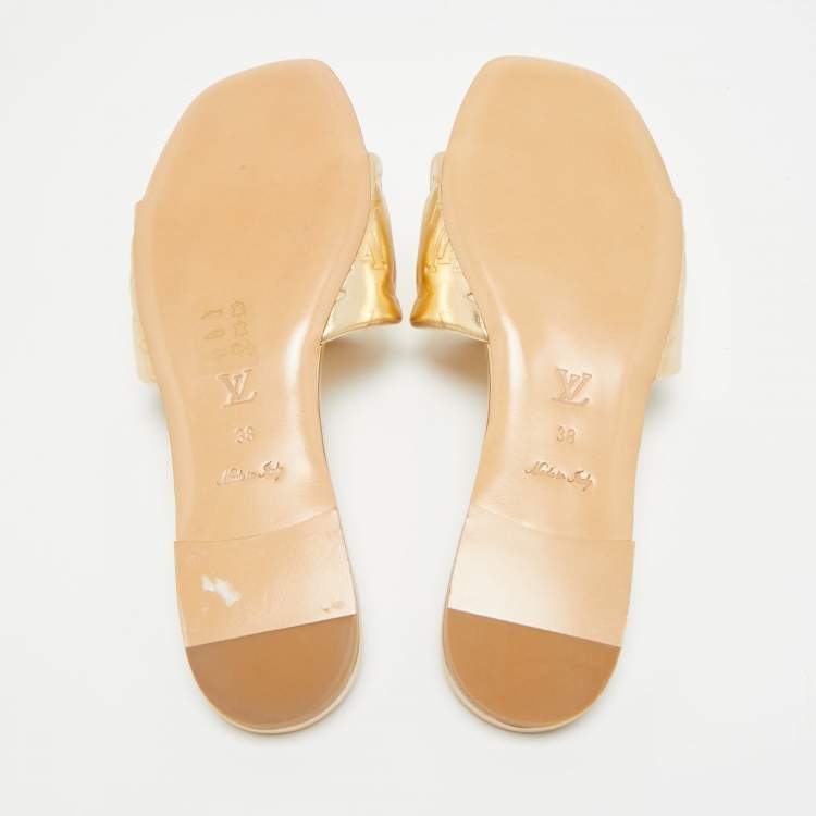 Pre Owned Louis Vuitton Revival Size 38 Gold Monogram Leather Flat Slide