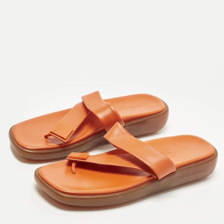 Pre Owned Louis Vuitton Size 40.5 Orange Leather Thong Flat Slide