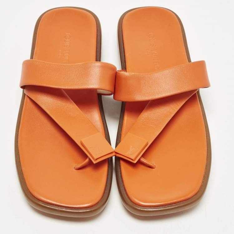 Pre Owned Louis Vuitton Size 40.5 Orange Leather Thong Flat Slide