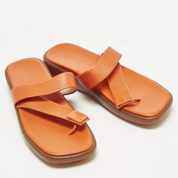 Pre Owned Louis Vuitton Size 40.5 Orange Leather Thong Flat Slide