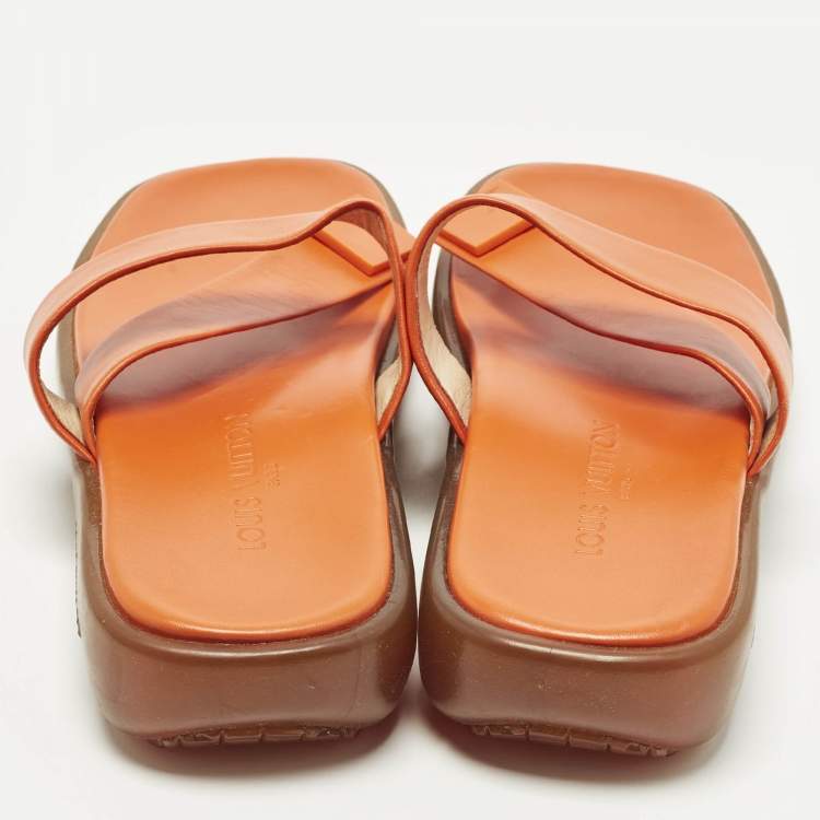 Pre Owned Louis Vuitton Size 40.5 Orange Leather Thong Flat Slide