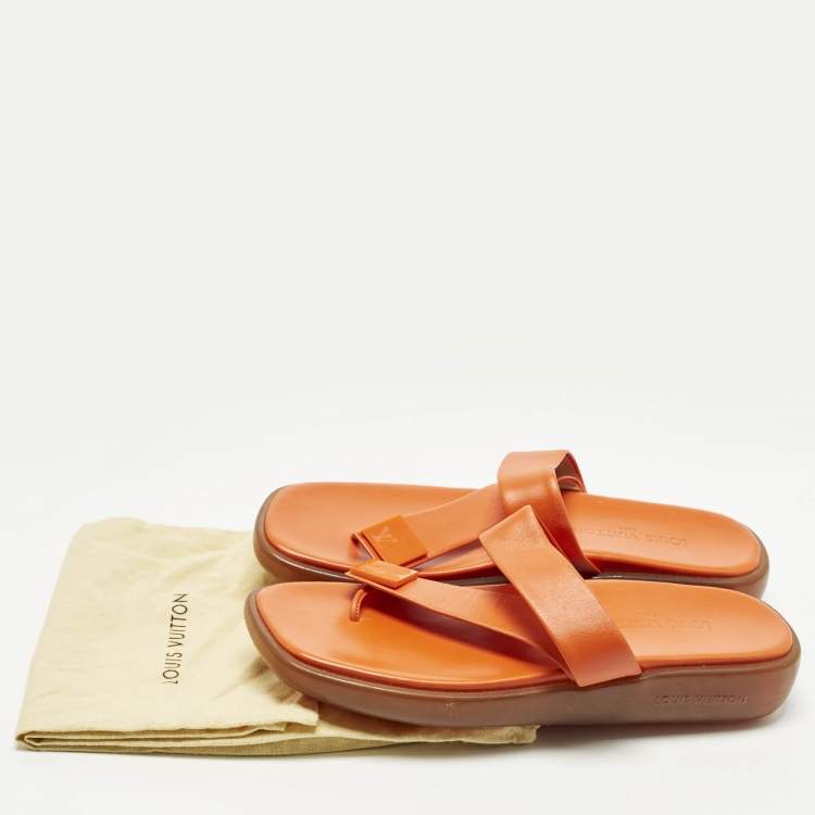 Pre Owned Louis Vuitton Size 40.5 Orange Leather Thong Flat Slide