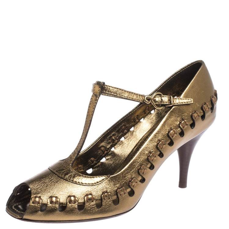 Louis Vuitton Bronze Leather T-Bar Cut Out Peep Toe Pumps Size 38