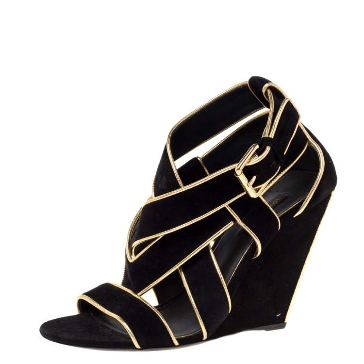 Louis Vuitton Black Satin Strappy Sandals Gold Wedge O Heels