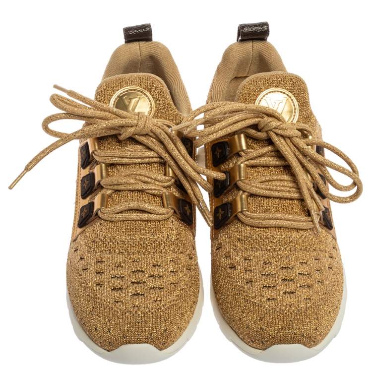 Pre Owned Louis Vuitton Gold Knit Fabric And Leather Aftergame Lace Trainer Sneakers Size 37