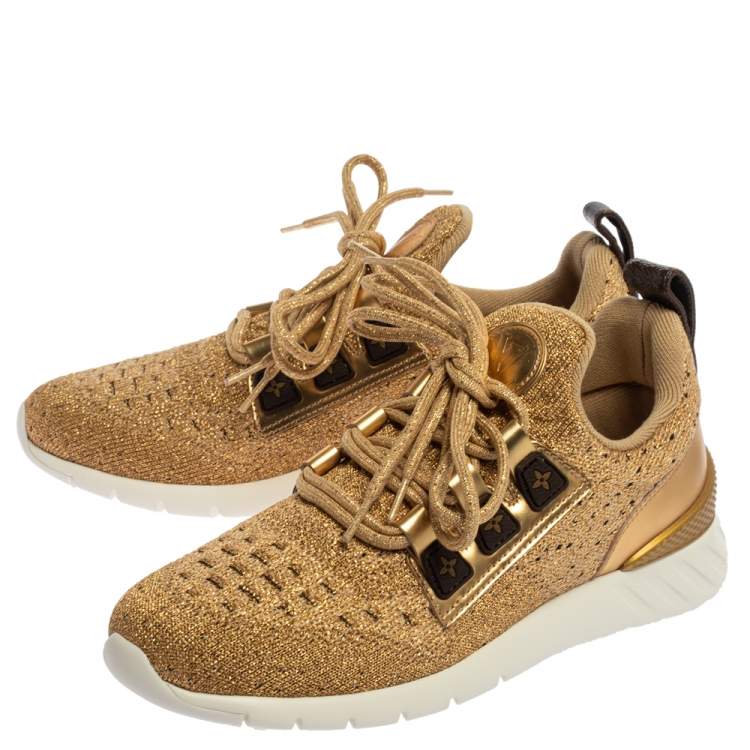 Pre Owned Louis Vuitton Gold Knit Fabric And Leather Aftergame Lace Trainer Sneakers Size 37