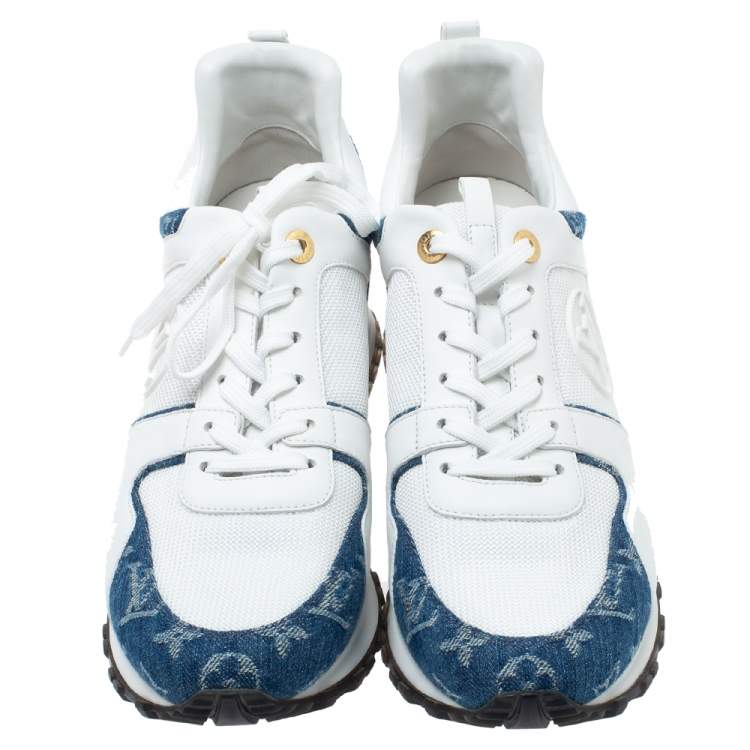 Pre Owned Louis Vuitton White/Blue Leather, Mesh And Denim Monogram Run Away Sneakers Size 42