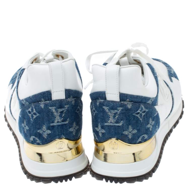 Pre Owned Louis Vuitton White/Blue Leather, Mesh And Denim Monogram Run Away Sneakers Size 42
