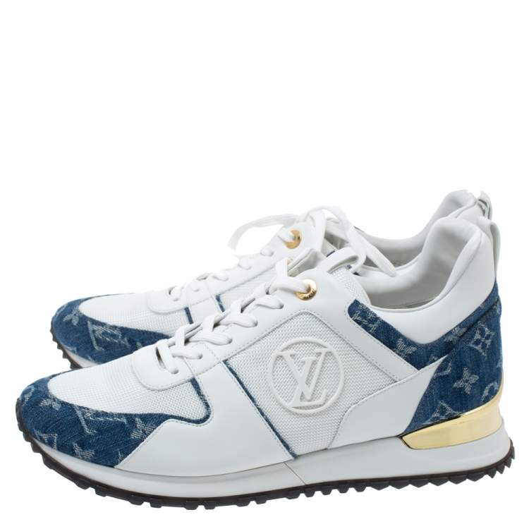 Pre Owned Louis Vuitton White/Blue Leather, Mesh And Denim Monogram Run Away Sneakers Size 42