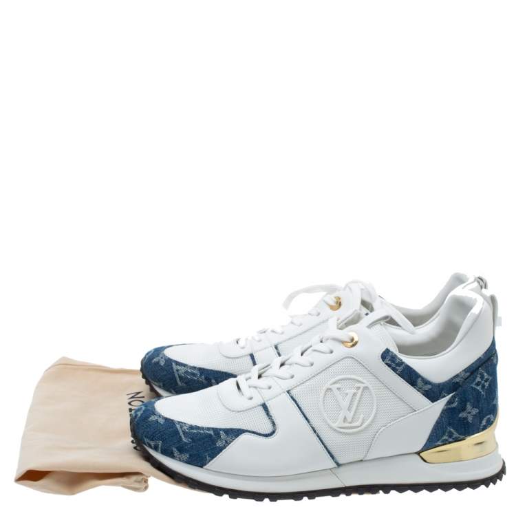 Pre Owned Louis Vuitton White/Blue Leather, Mesh And Denim Monogram Run Away Sneakers Size 42