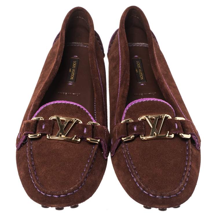 Pre Owned Louis Vuitton Two Tone Suede Leather Oxford Slip On Loafers Size 39.5