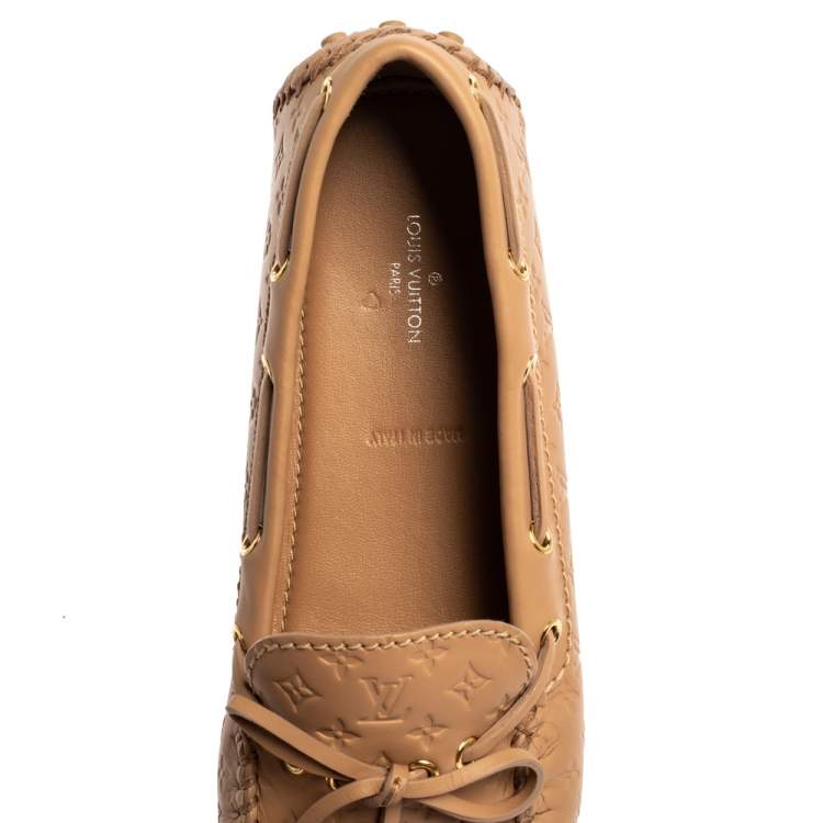 Pre Owned Louis Vuitton Beige Monogram Leather Gloria Bow Slip On Loafers Size 38