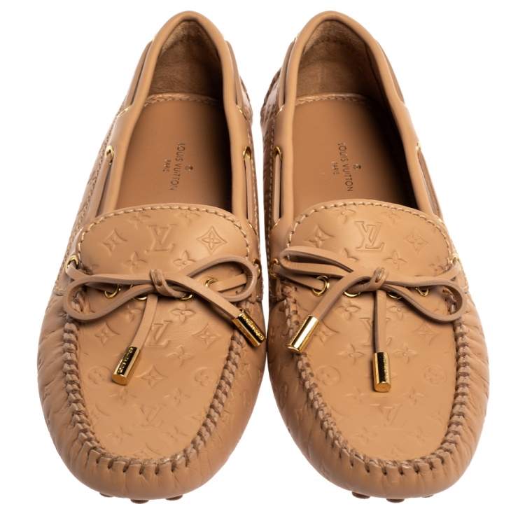 Pre Owned Louis Vuitton Beige Monogram Leather Gloria Bow Slip On Loafers Size 38