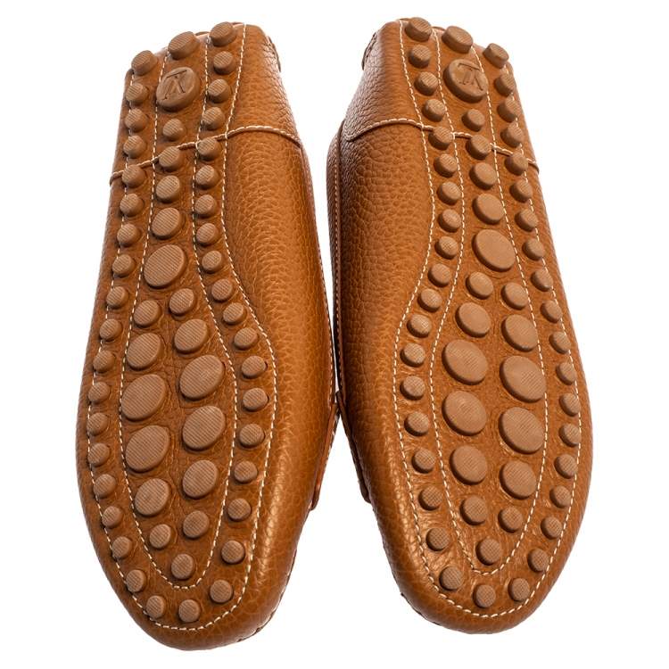 Pre Owned Louis Vuitton Brown Leather Lock Detail Slip On Loafers Size 38