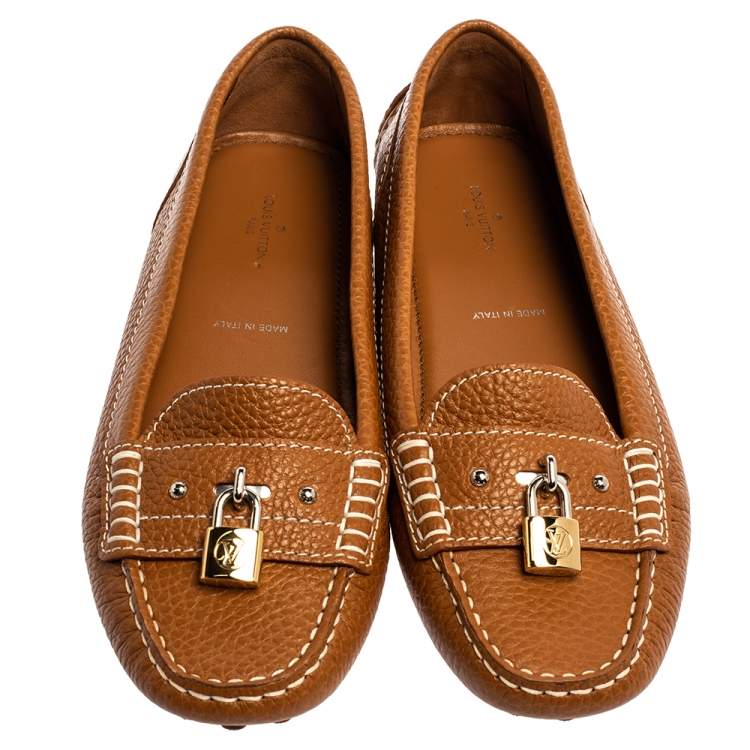 Pre Owned Louis Vuitton Brown Leather Lock Detail Slip On Loafers Size 38