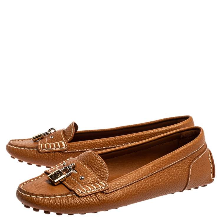 Pre Owned Louis Vuitton Brown Leather Lock Detail Slip On Loafers Size 38