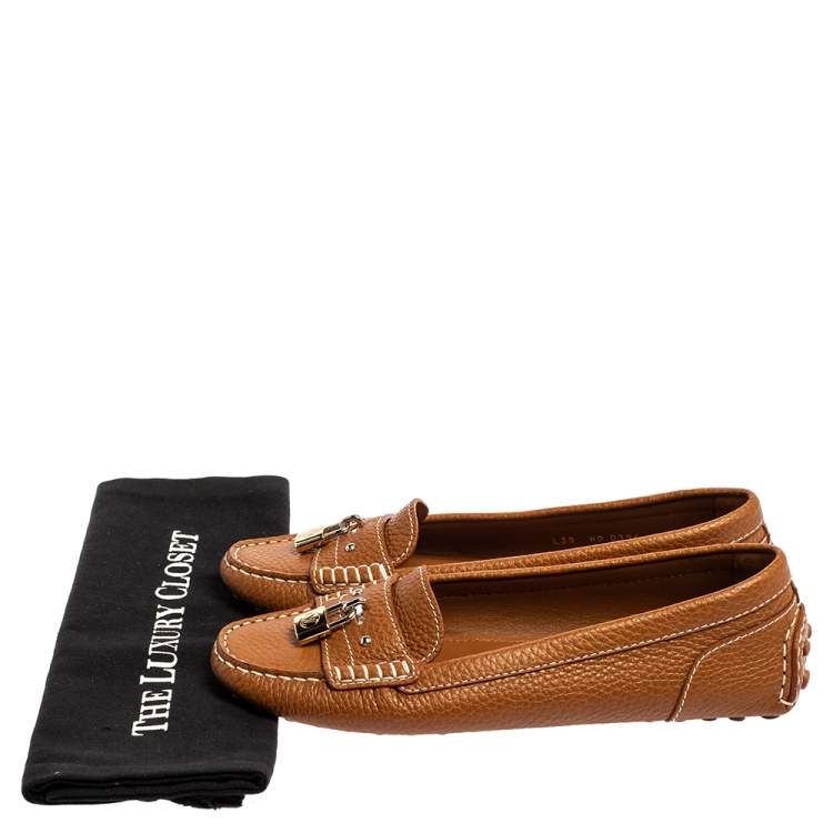 Pre Owned Louis Vuitton Brown Leather Lock Detail Slip On Loafers Size 38