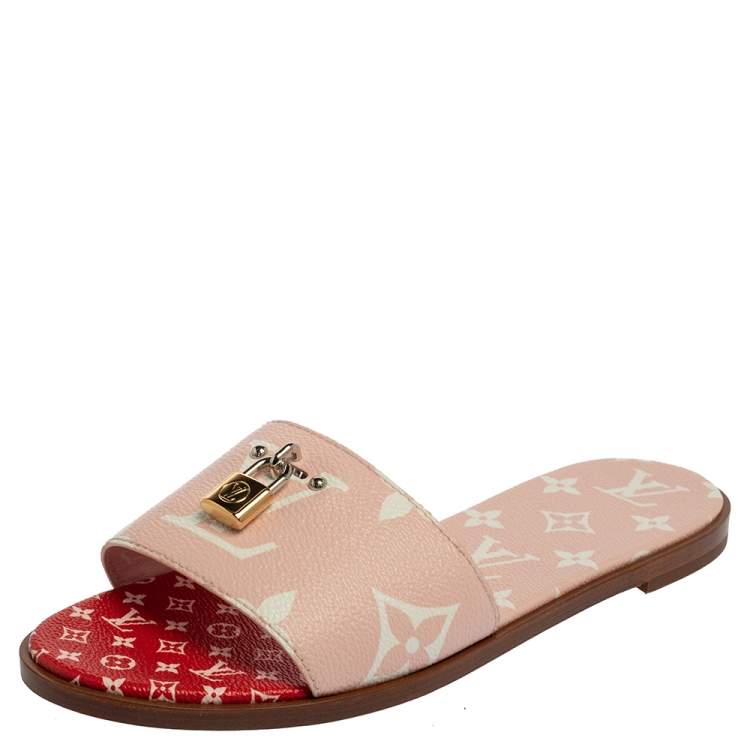 Louis Vuitton Pink/White Monogram Canvas Lock It Flat Slides Size