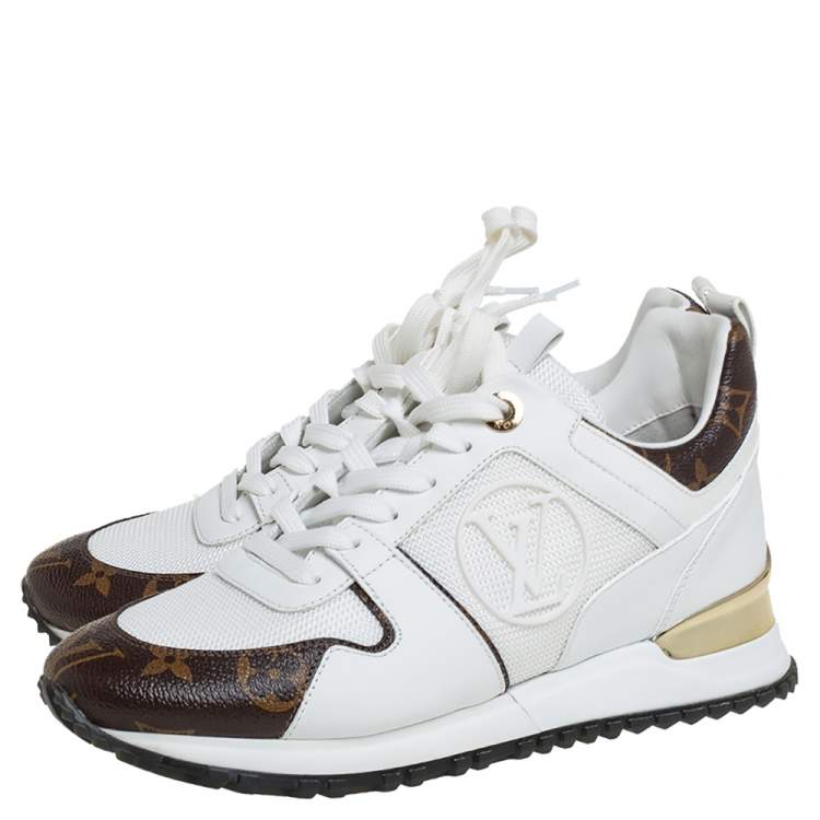 Pre Owned Louis Vuitton White/Brown Mesh And Monogram Canvas Run Away Sneakers Size 35