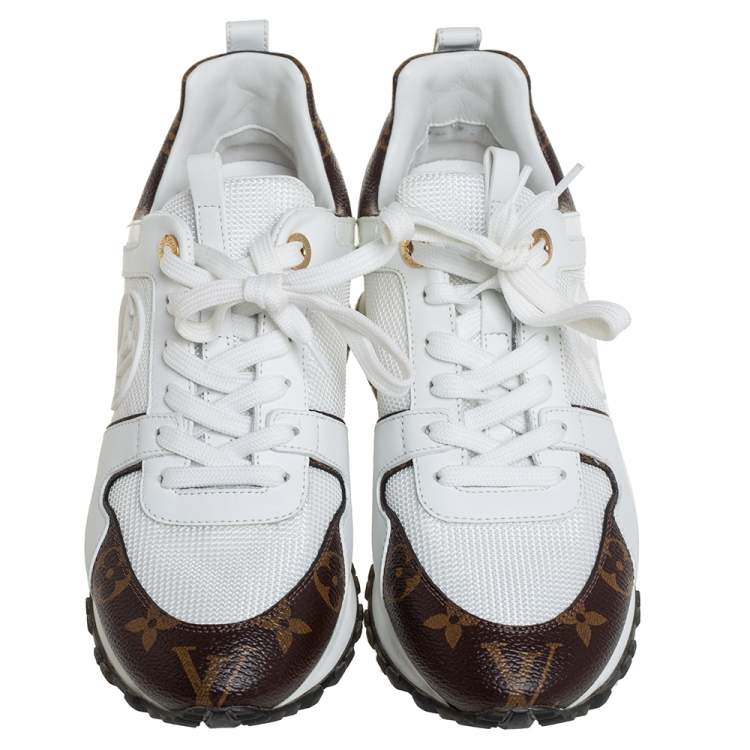 Pre Owned Louis Vuitton White/Brown Mesh And Monogram Canvas Run Away Sneakers Size 35