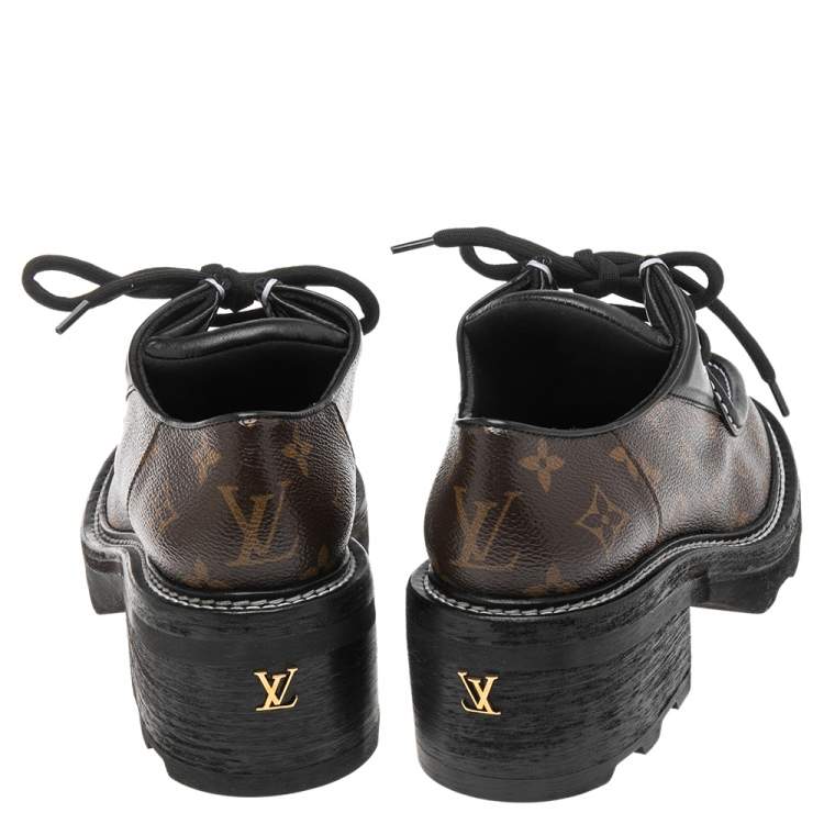 Pre Owned Louis Vuitton Black/Brown Leather And Coated Canvas Beaubourg Platform Derby Size 39.5