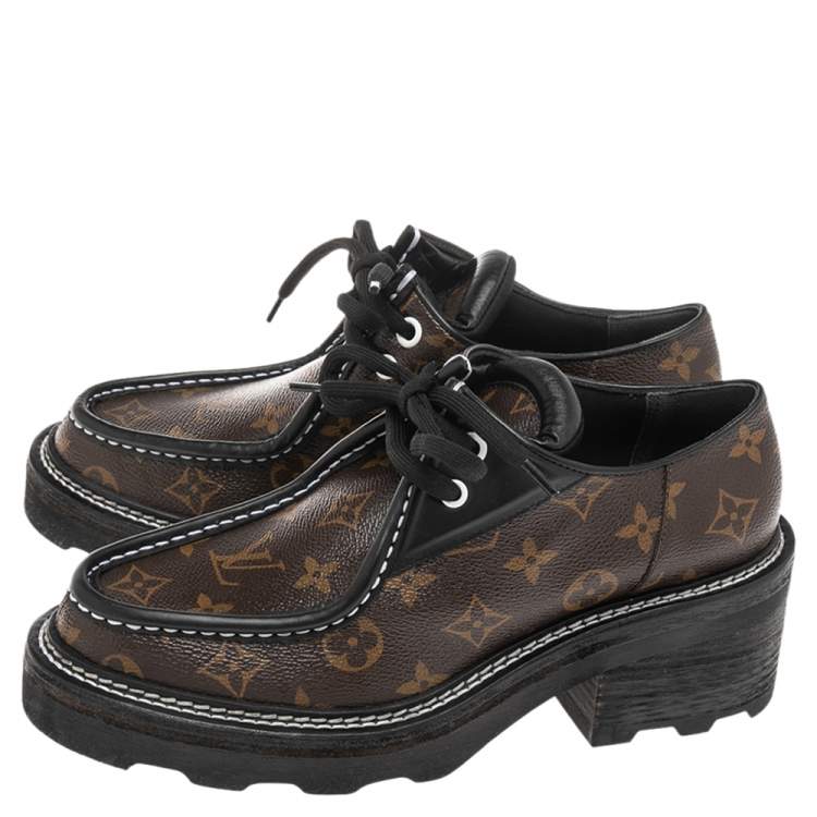 Pre Owned Louis Vuitton Black/Brown Leather And Coated Canvas Beaubourg Platform Derby Size 39.5